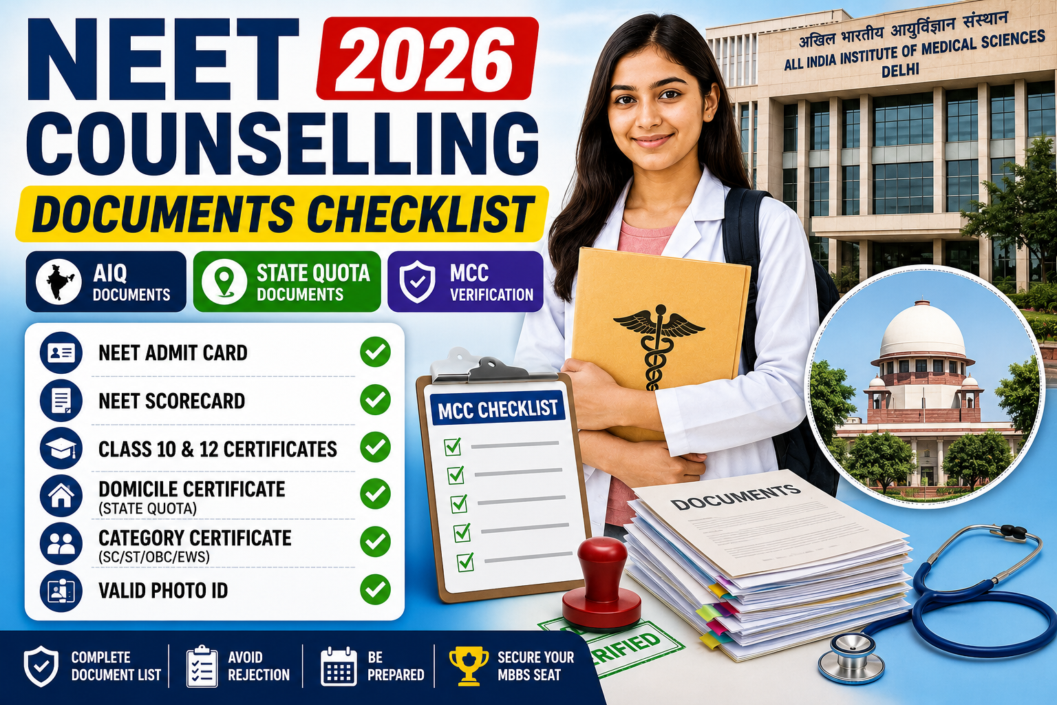 Documents Required for NEET Counselling 2026: AIQ, State Quota & MCC Checklist