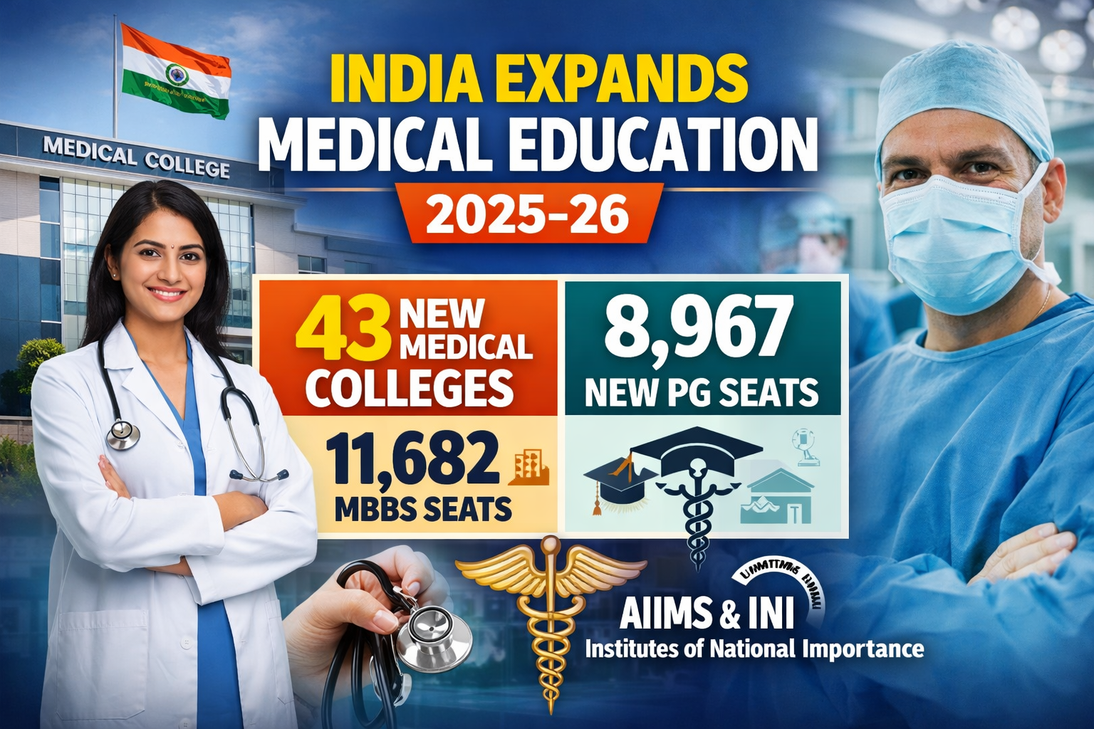 India Adds 43 New Medical Colleges, 11,682 MBBS Seats for 2025-26 Academic Session