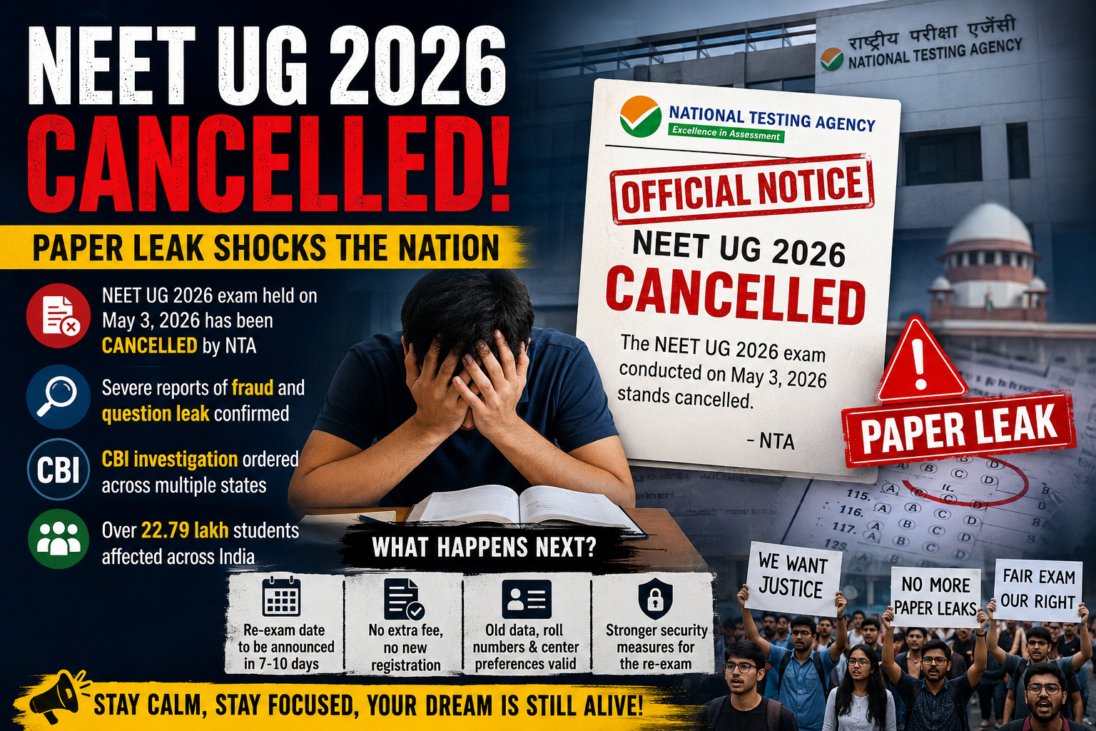NEET UG 2026 Cancelled? Latest NTA Update, Paper Leak News, Re-Exam Date & What Students Should Do