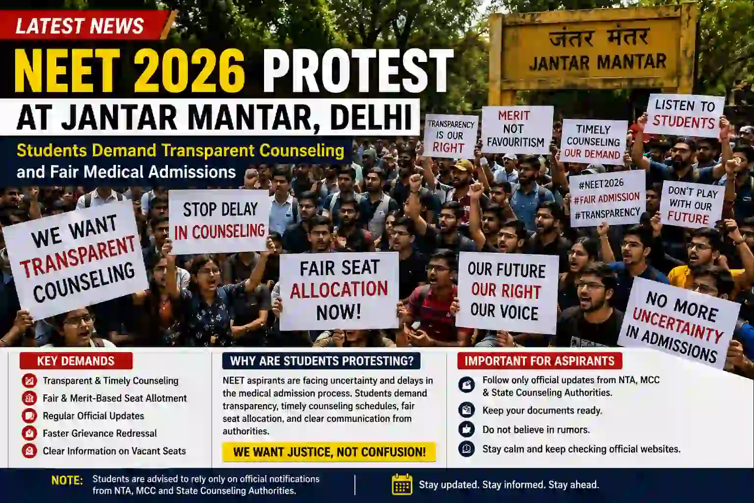NEET 2026 Protest at Jantar Mantar: Students Demand Transparent Counseling and Fair Medical Admissions